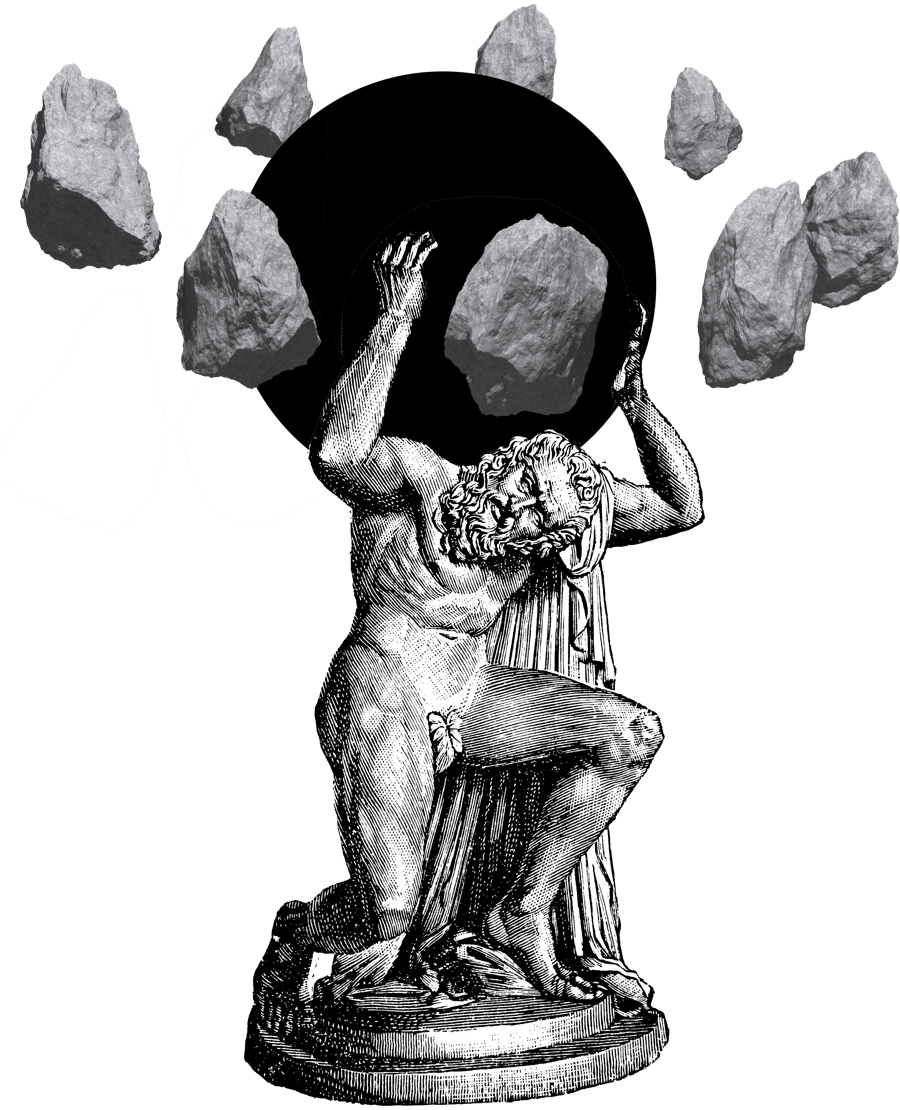 A classical engraving of Atlas, straining under a cluster of stones