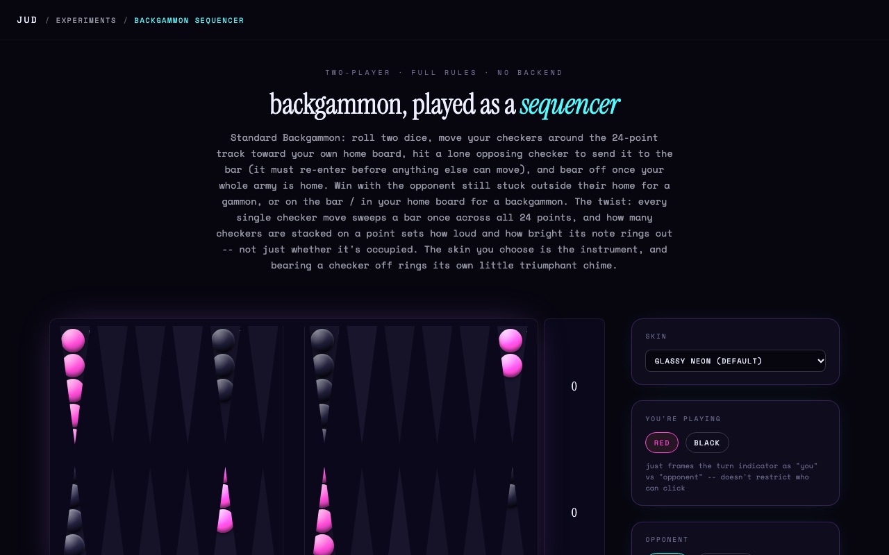 Snapshot of the backgammon-sequencer experiment: a backgammon board at the starting position, pink and black checkers stacked on their points, glassy neon default skin