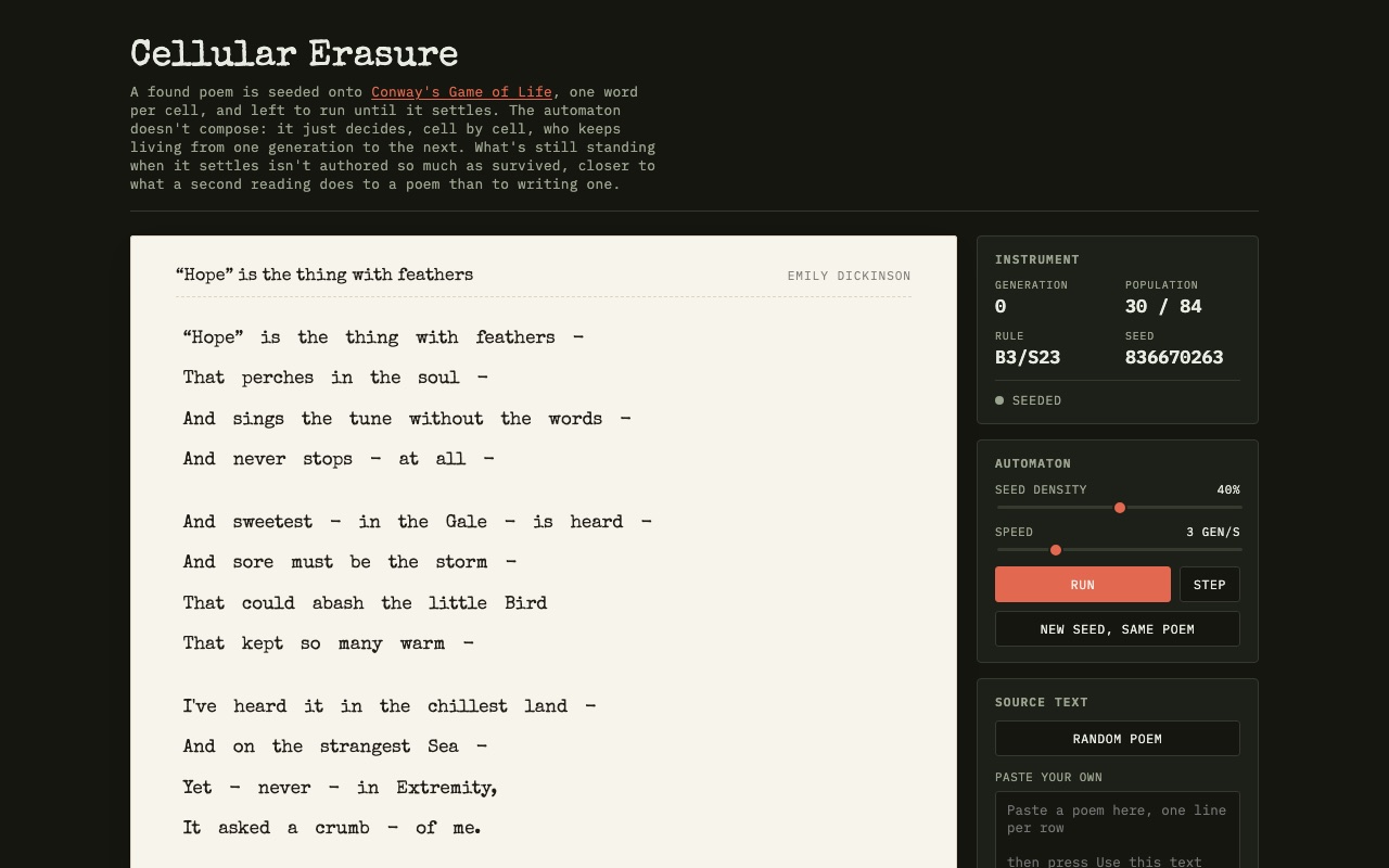 Snapshot of the cellular-erasure experiment: a found poem laid over a Game of Life grid