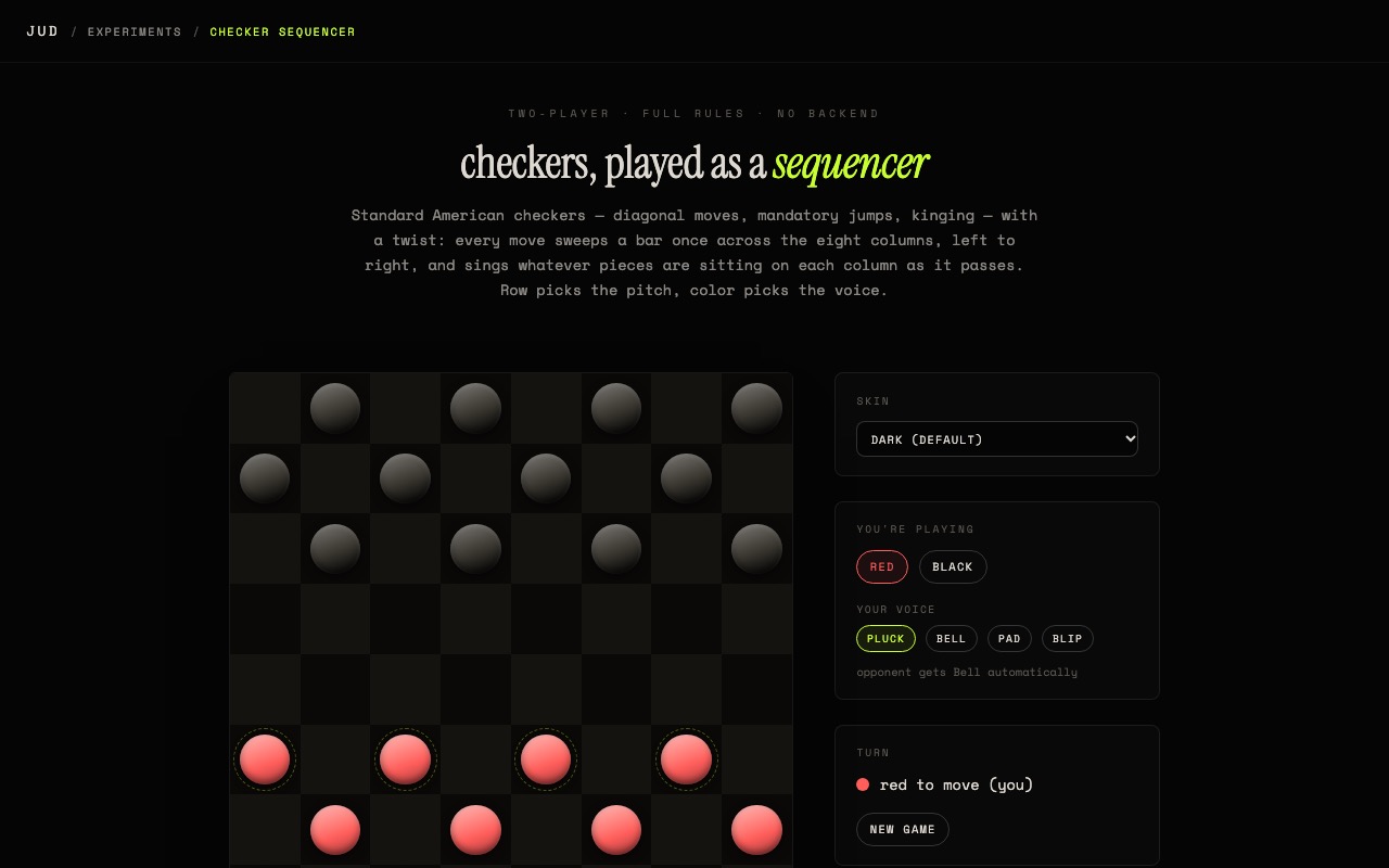 Snapshot of the checker-sequencer experiment: a checkers board mid-game with a sound-palette sidebar, dark default skin