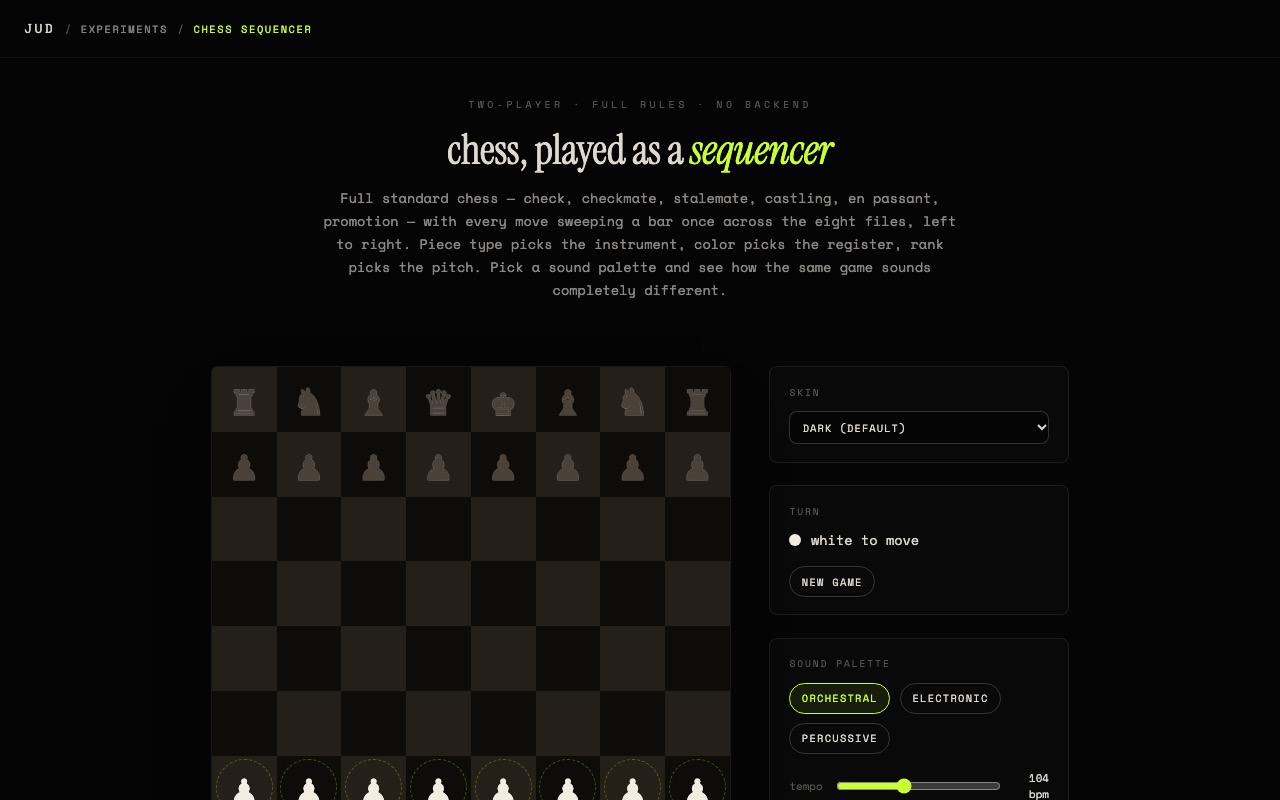 Snapshot of the chess-sequencer experiment: a chess board at the opening position with a sound-palette sidebar, dark default skin