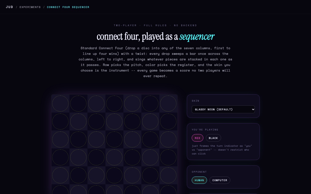 Snapshot of the connectfour-sequencer experiment: an empty Connect Four grid with the skin and opponent sidebar, glassy neon default skin
