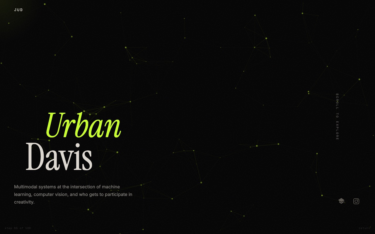 Snapshot of the decay experiment partway through its collapse: the homepage missing its first name and most social icons, only the particle field and Urban Davis left