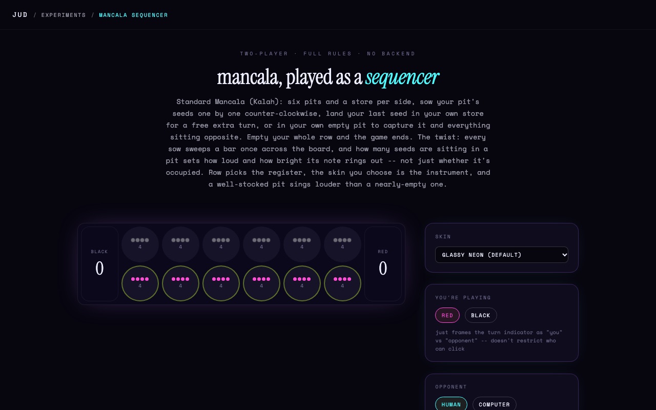 Snapshot of the mancala-sequencer experiment: a Kalah board at the start, four seeds in each of twelve pits between two empty stores, with the skin and opponent sidebar