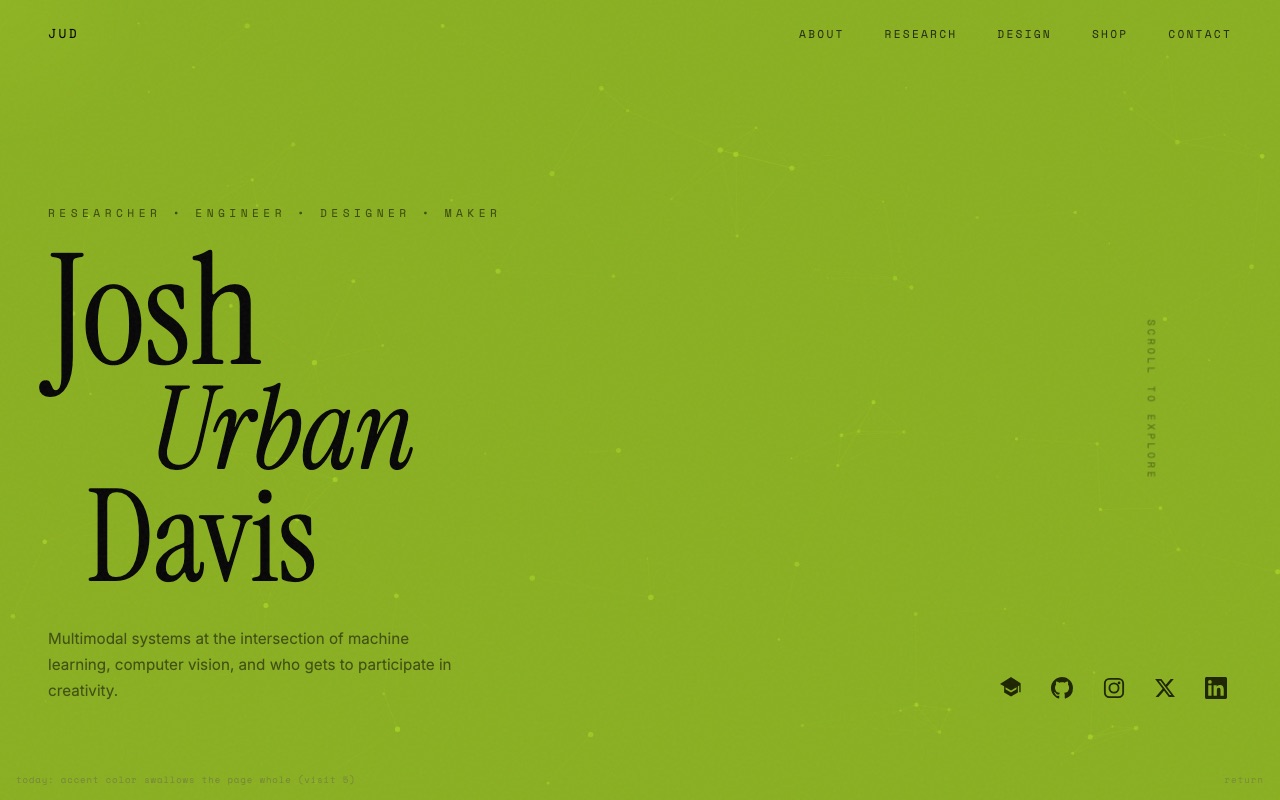 Snapshot of the mutate experiment: this site's homepage recolored lime green, one whole-page mutation among fourteen