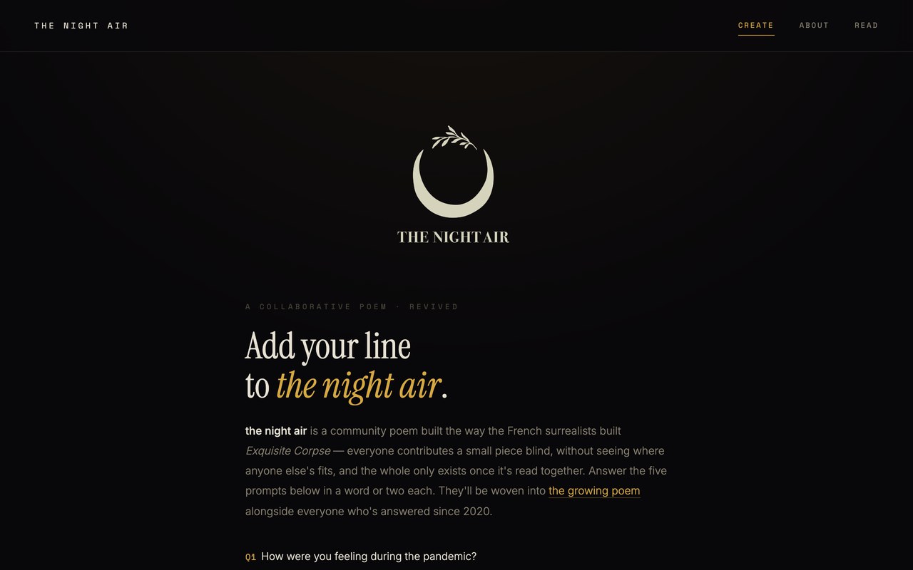 Snapshot of the night air: a crescent moon cradling an olive branch above the words 'Add your line to the night air'