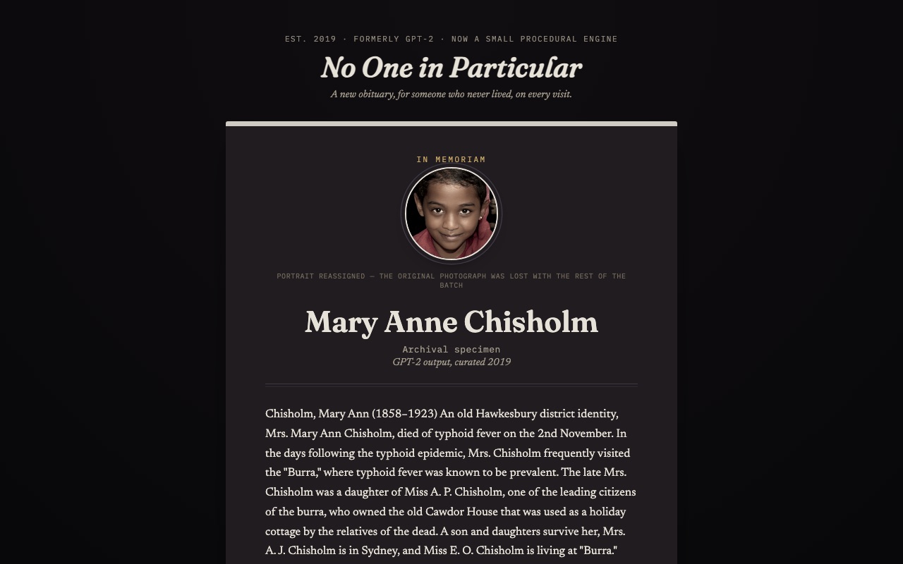 Snapshot of the no-one-in-particular experiment: a generated obituary labeled archival specimen, with a portrait