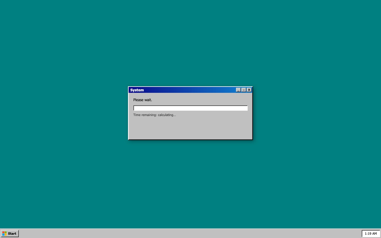 Snapshot of the please-wait experiment: a fake Windows 95 System dialog with a progress bar and a log of unsettling status lines