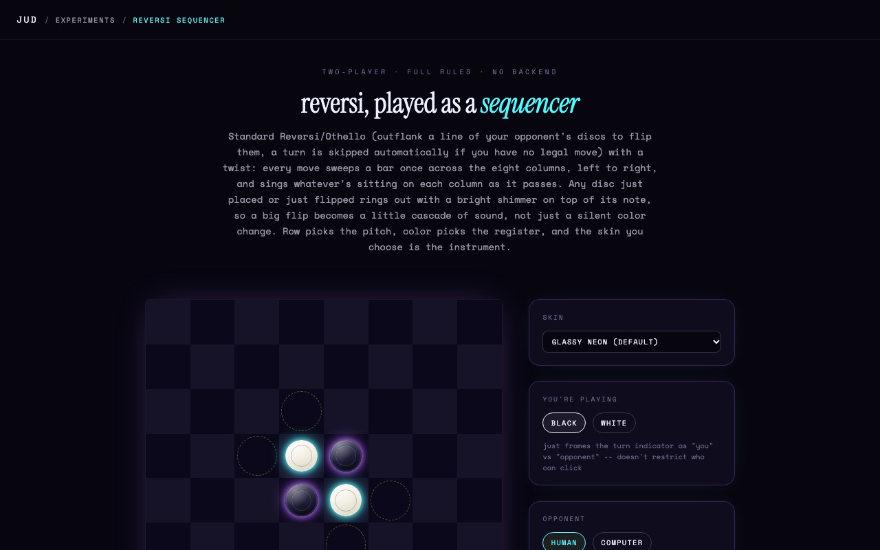 Snapshot of the reversi-sequencer experiment: a Reversi board at the opening position, four discs in the center, with the skin and opponent sidebar, glassy neon default skin