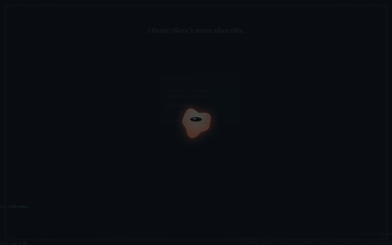 Snapshot of the-occupant experiment: a small glowing creature behind glass, mid-tantrum, with a popup demanding to be let out