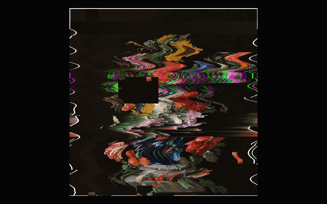 Snapshot of the untended experiment: a Dutch vanitas flower bouquet partway glitched, pixel-sorted bands and RGB channel tearing consuming its lower half