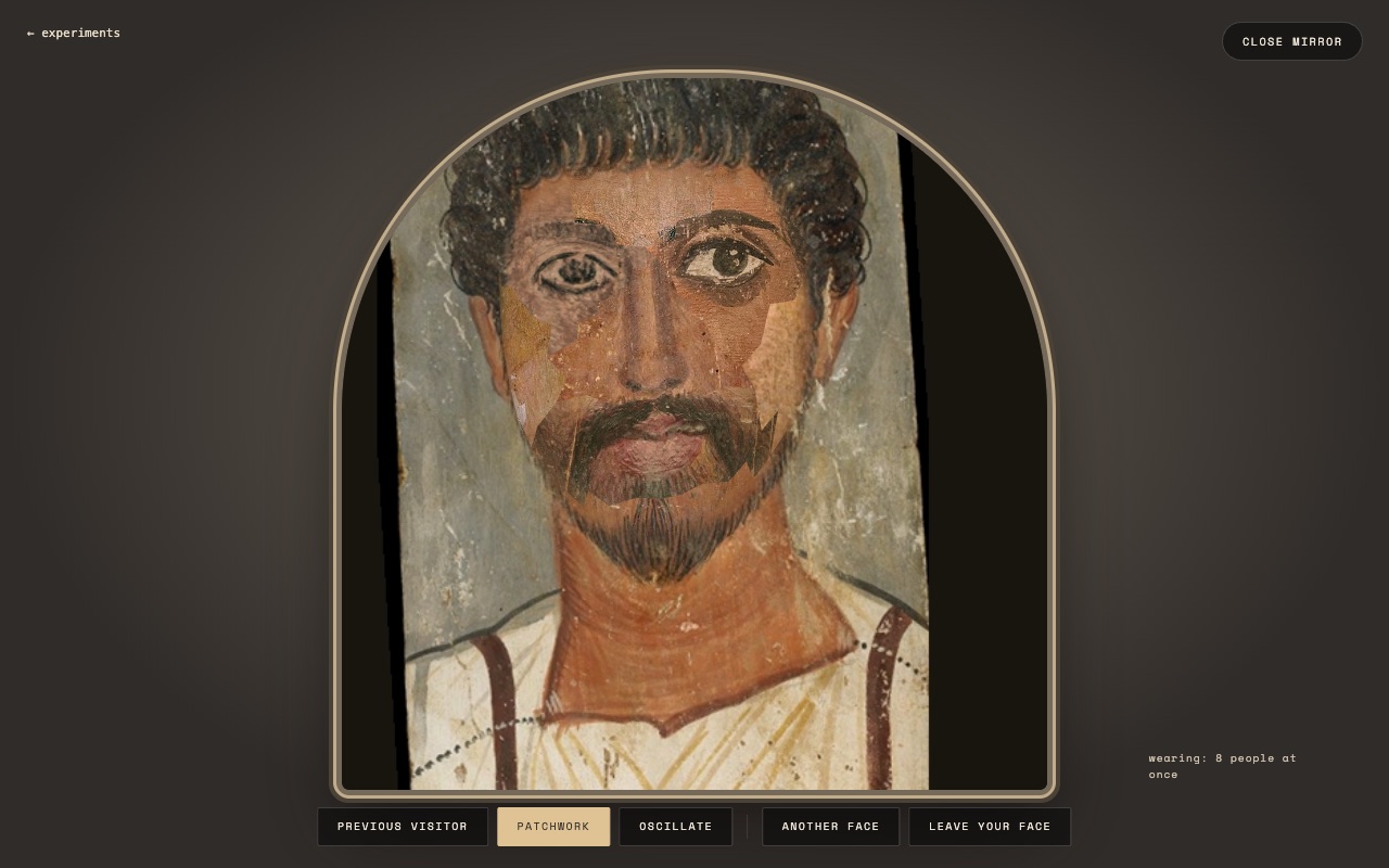 Snapshot of the worn experiment: an arched, tarnished mirror in which a face is a patchwork of several ancient portraits, one eye and the beard borrowed from different people