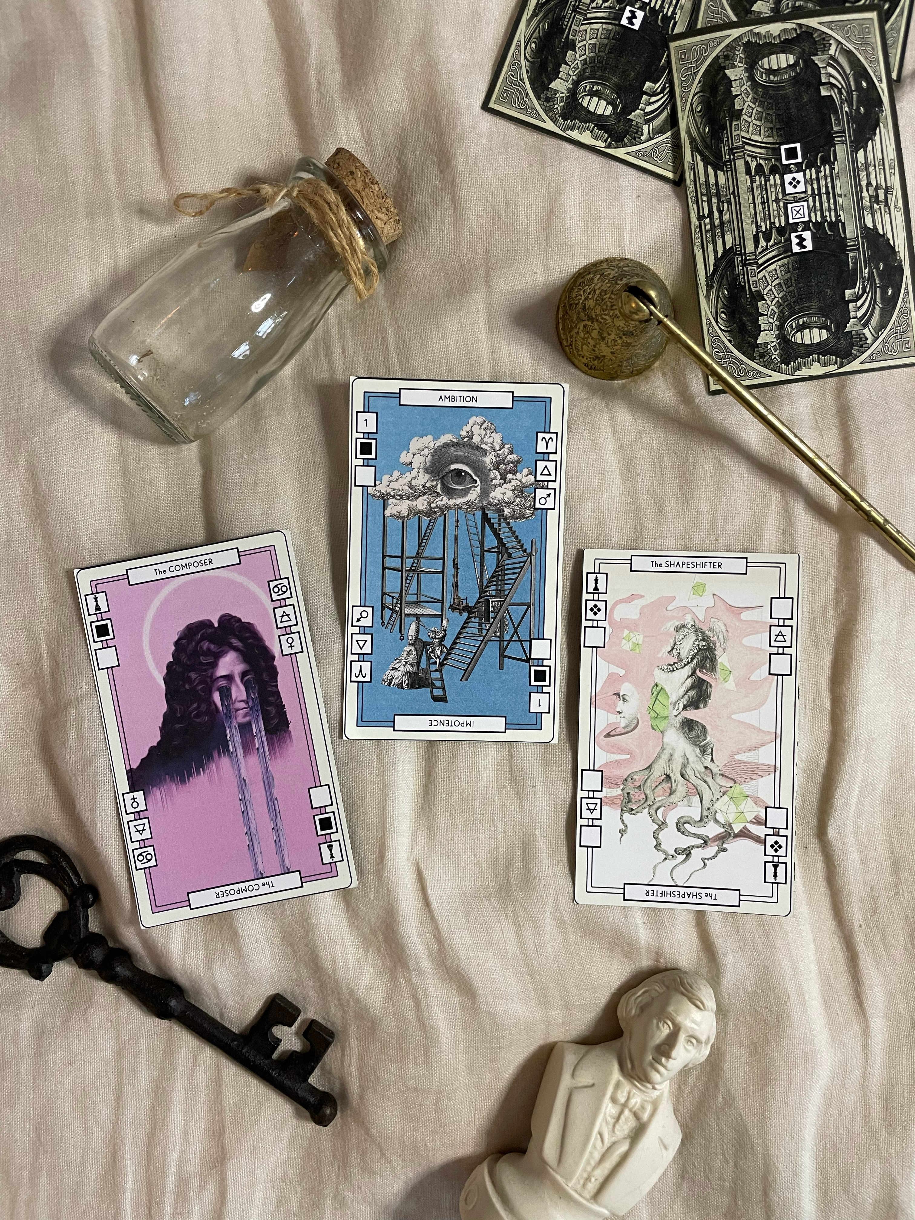 Deleted World Tarot — The Composer, Ambition, The Shapeshifter