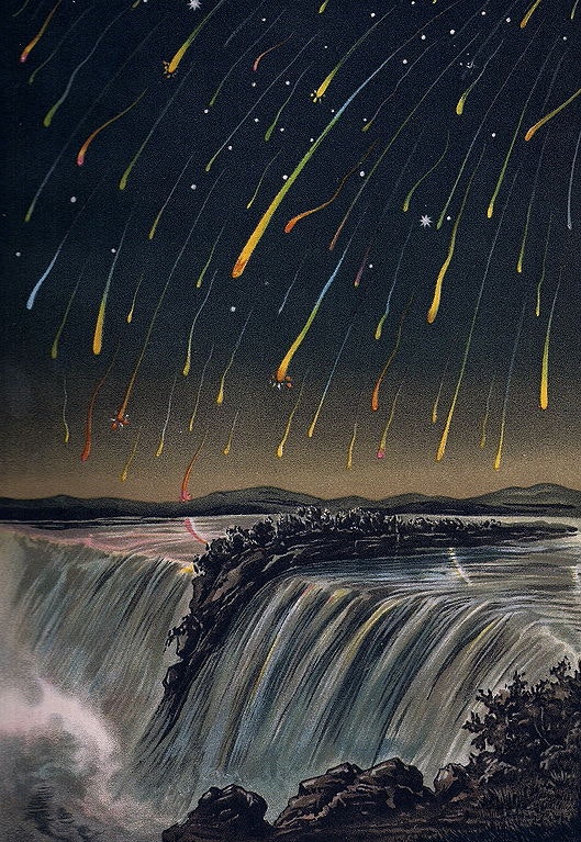 a collection of meteors falling over a waterfall